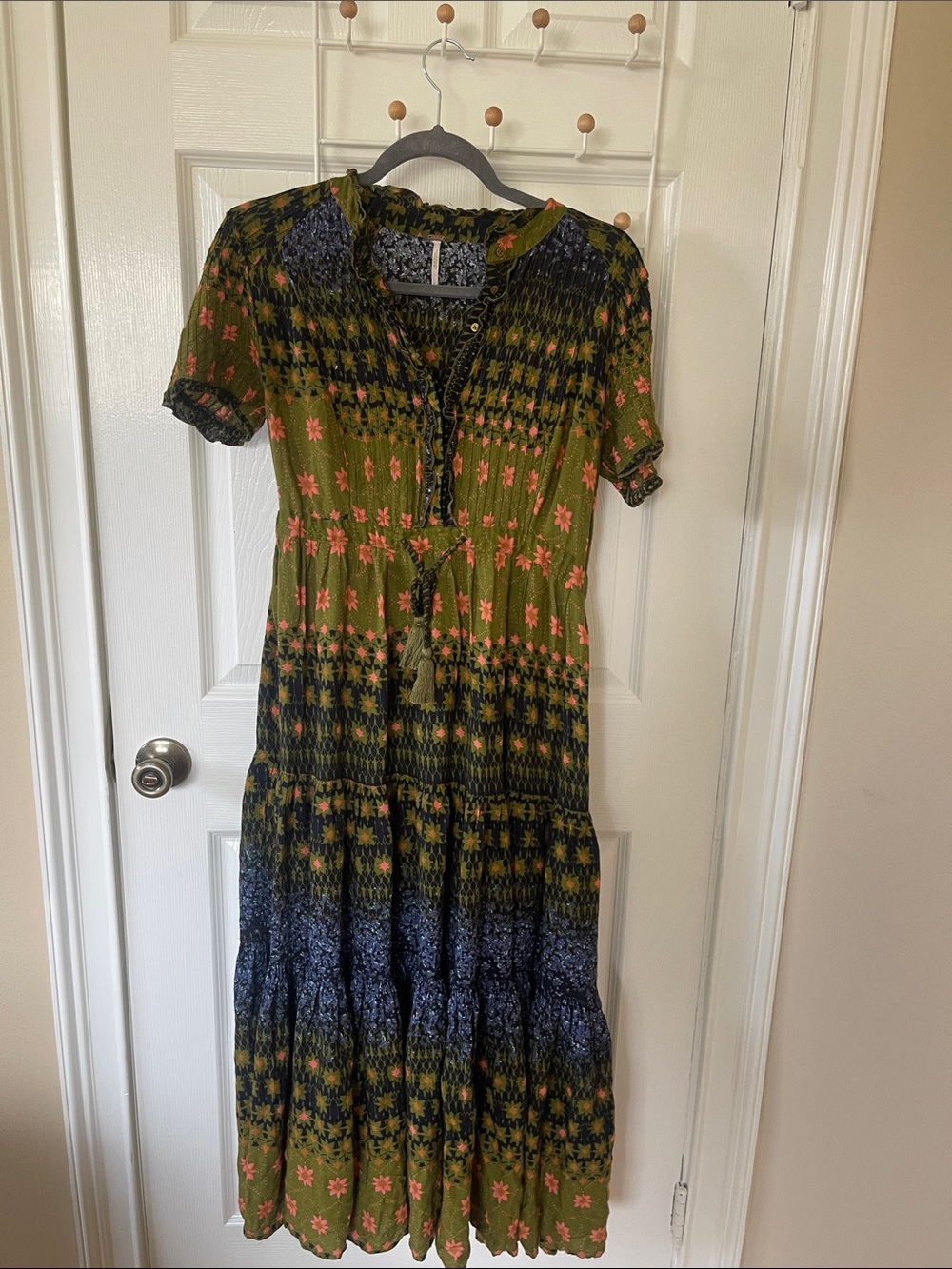 Free People Olive Green & Navy Floral Smocked Maxi Dress